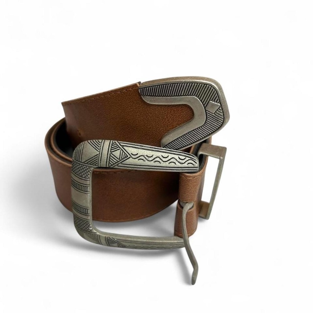 Western Belt Brown Engraved Silver Buckle Boho Cowgirl Rodeo Vintage Country S/M